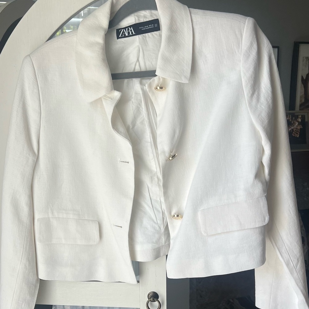 Zara White Women's Blazer Linen-Cotton with Cotton lining M